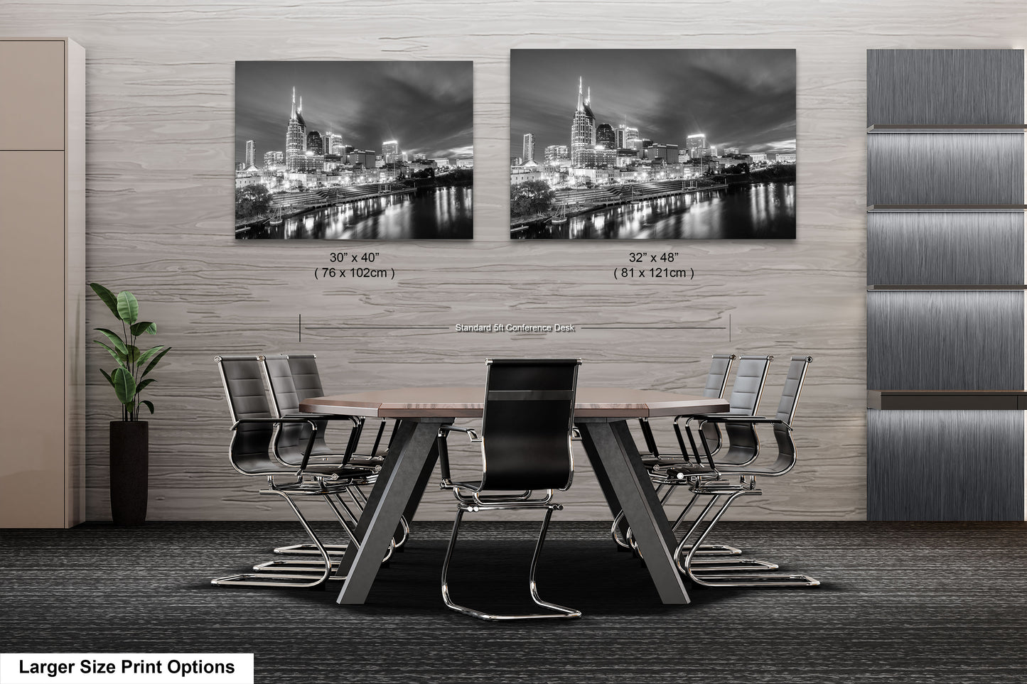 a dining room table with chairs and a picture of a city in black and white