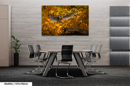 a picture of a bird flying over a table