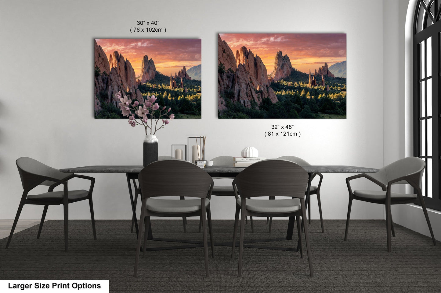 a dining room with a table and chairs