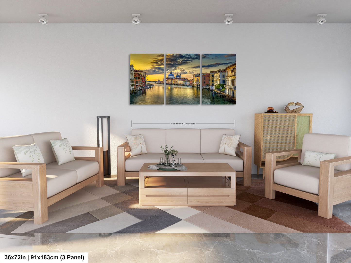 a living room filled with furniture and a painting on the wall