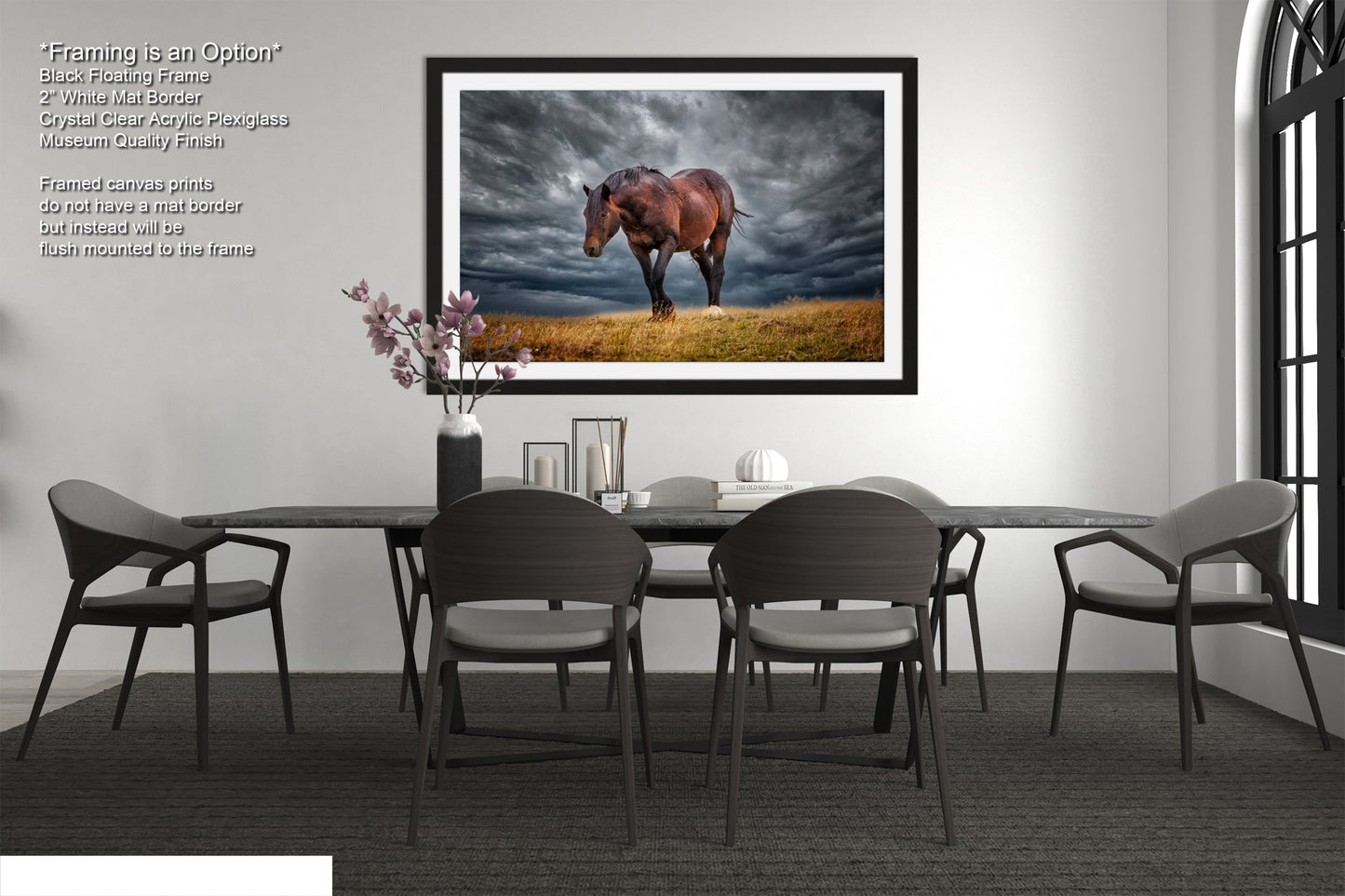 a picture of a horse in a room with a table and chairs