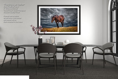 a picture of a horse in a room with a table and chairs