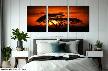 a bedroom with a bed and two paintings on the wall