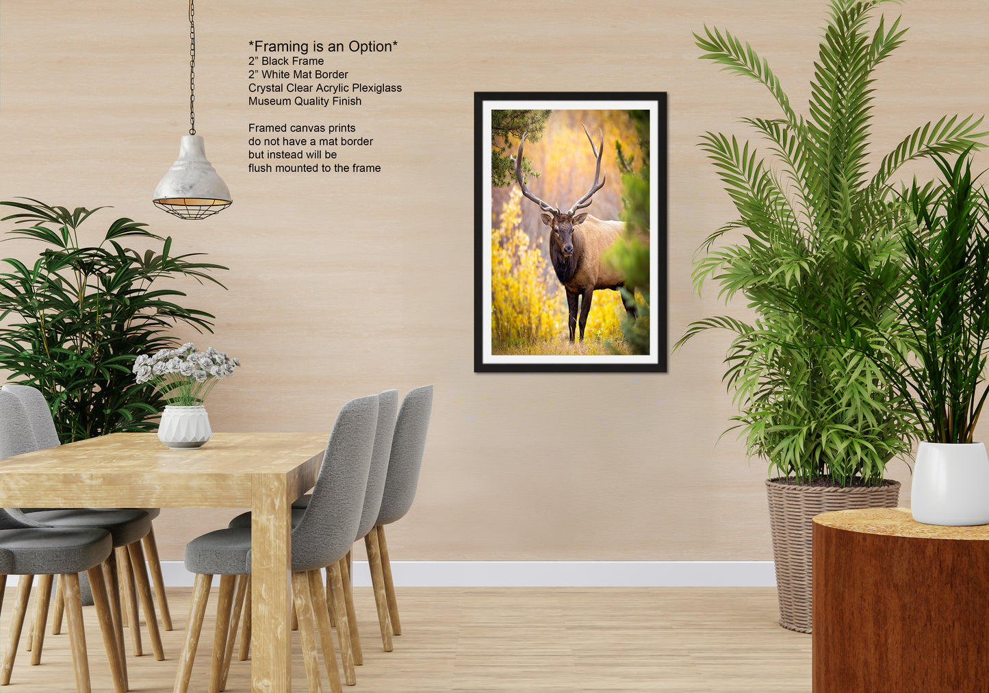 a room with a table and chairs and a picture hanging on the wall
