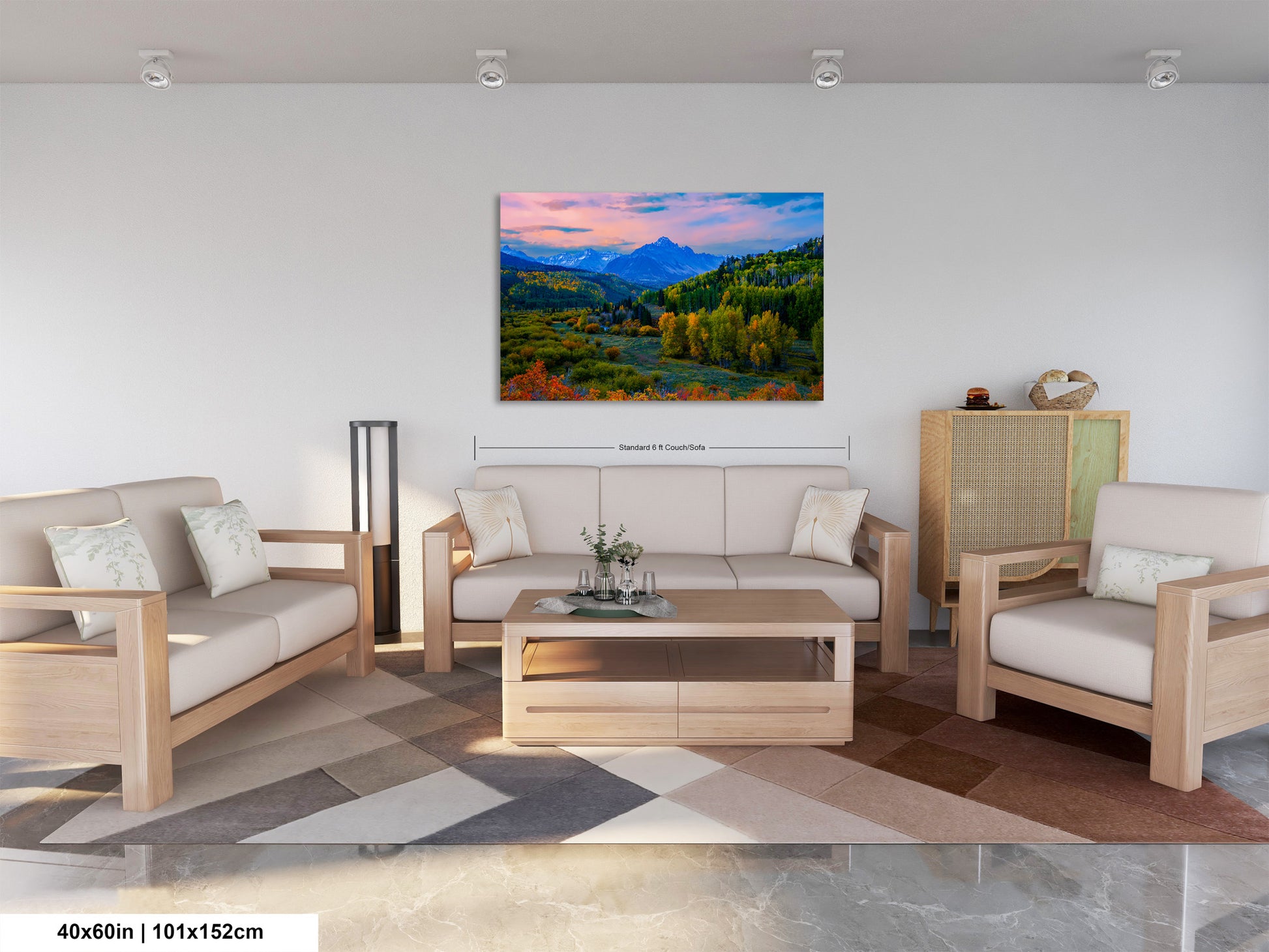 a living room filled with furniture and a painting on the wall