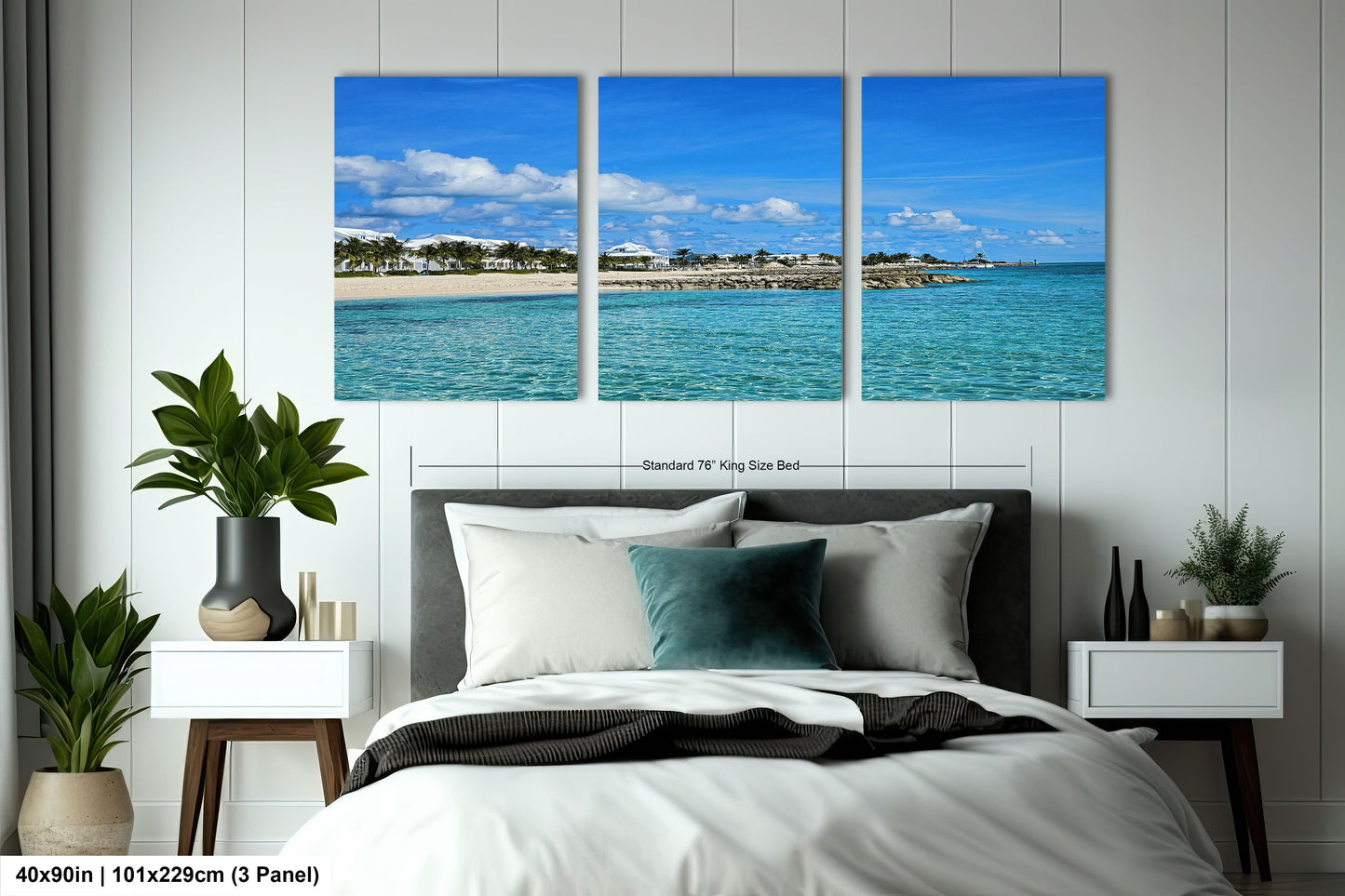 a bedroom scene with a bed and two paintings on the wall