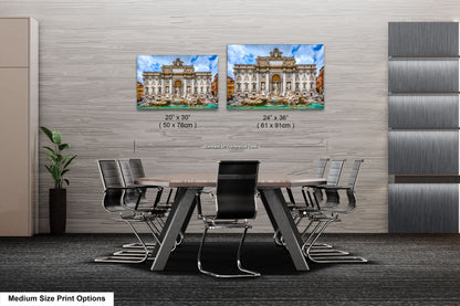 a dining room table with chairs and two pictures on the wall