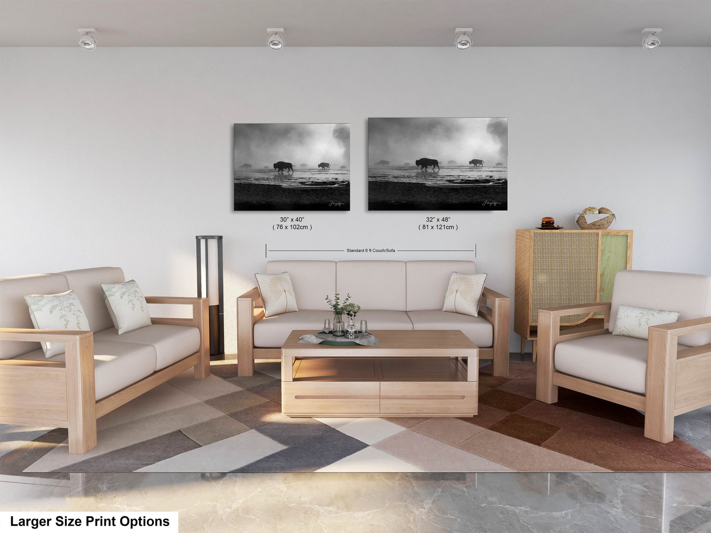 a living room filled with furniture and a painting on the wall
