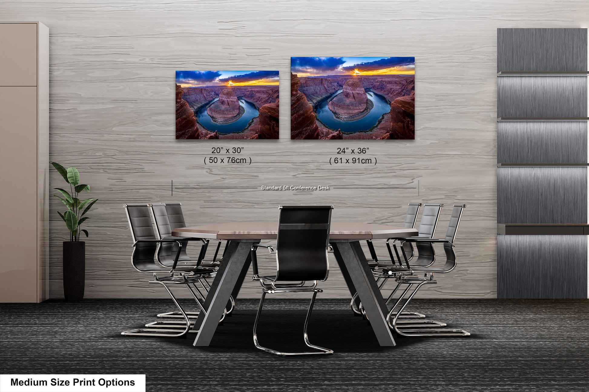 a dining room table with chairs and two pictures on the wall