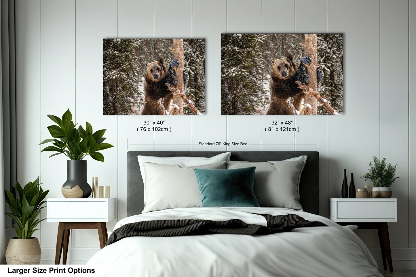 two pictures of a dog hanging on a wall above a bed