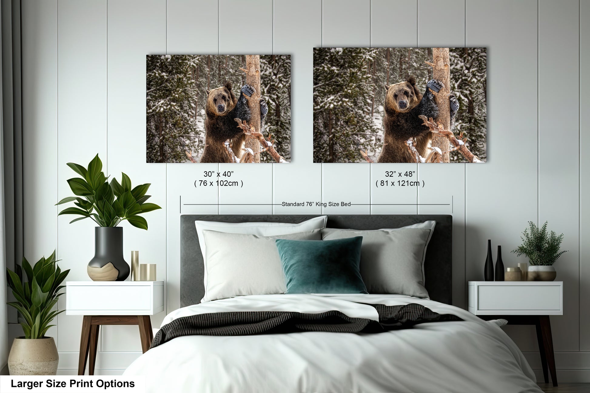 two pictures of a dog hanging on a wall above a bed