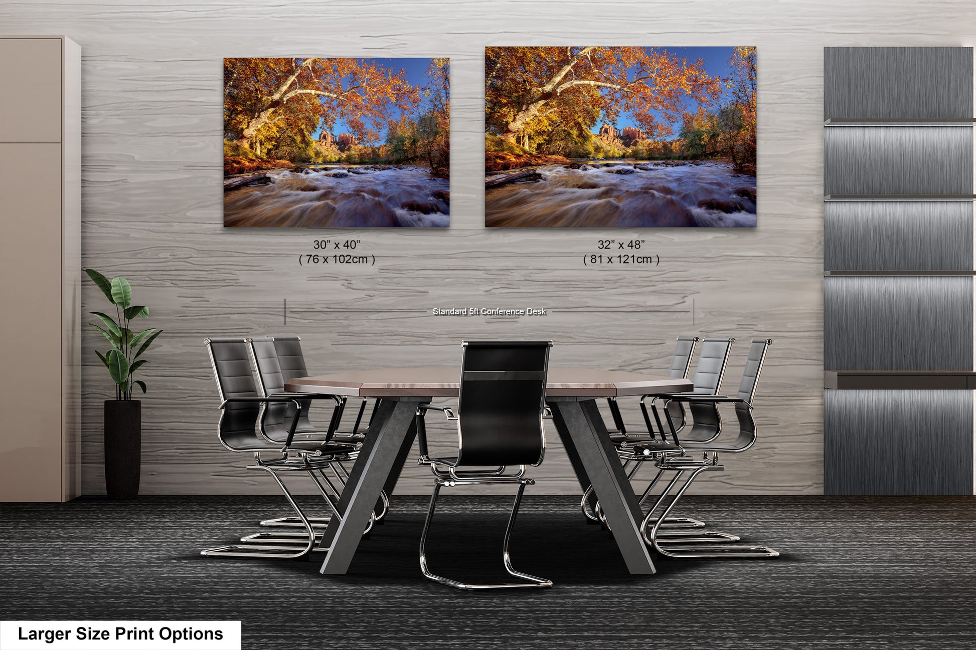 a dining room table with chairs and two pictures of a river
