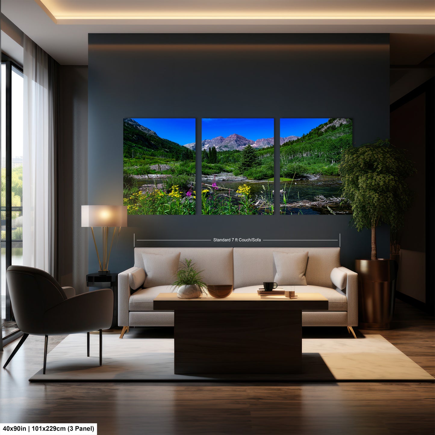 a living room filled with furniture and a painting on the wall