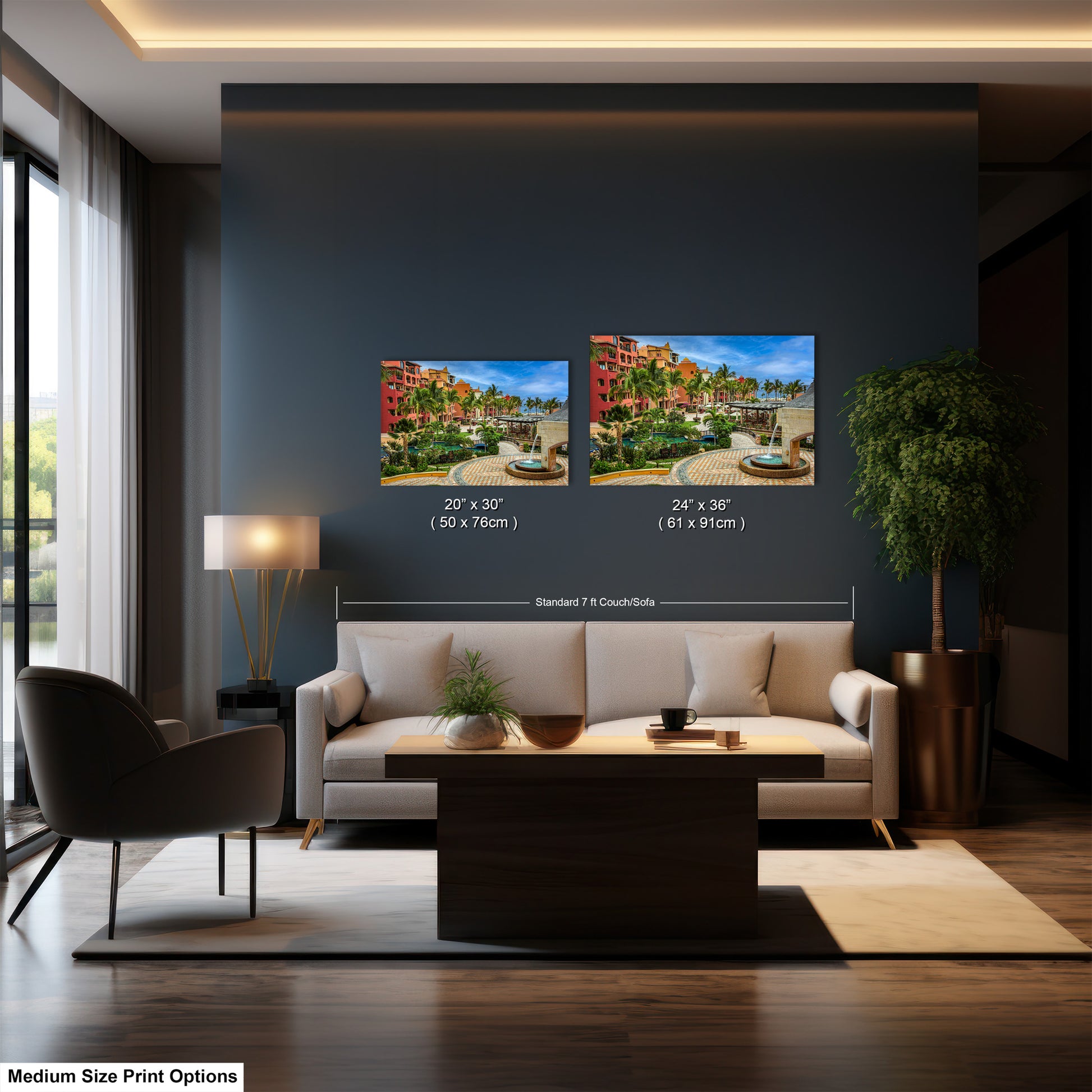 a living room with a couch and a table