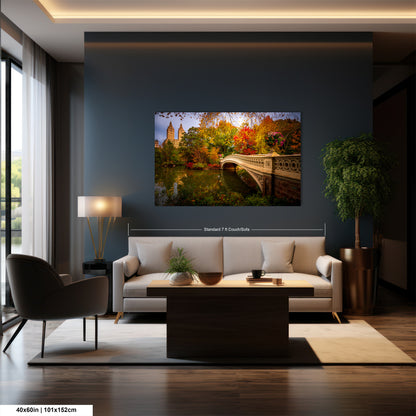 a modern living room with a large painting of a scenic bridge and trees hanging on the wall.