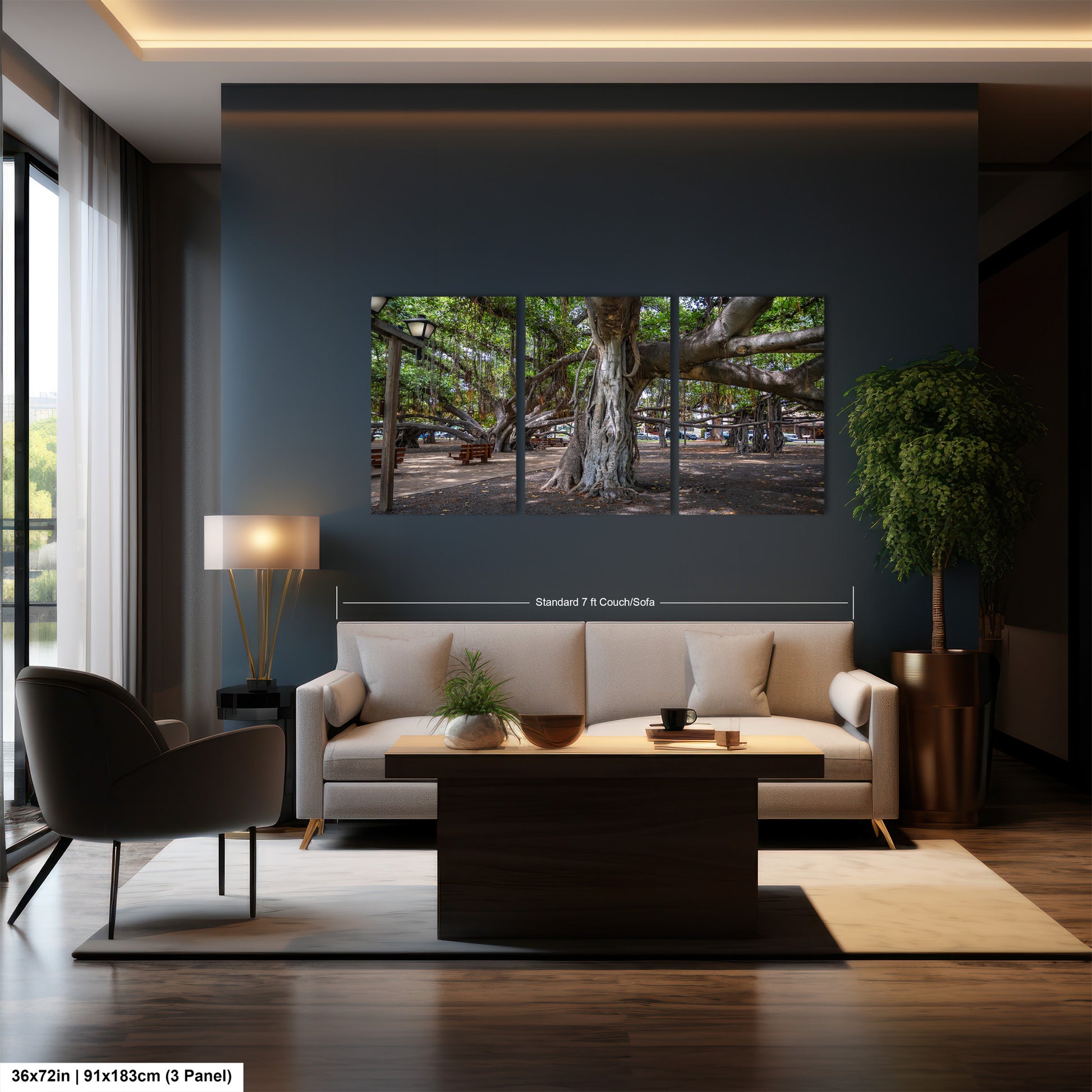 a living room with a couch and a table