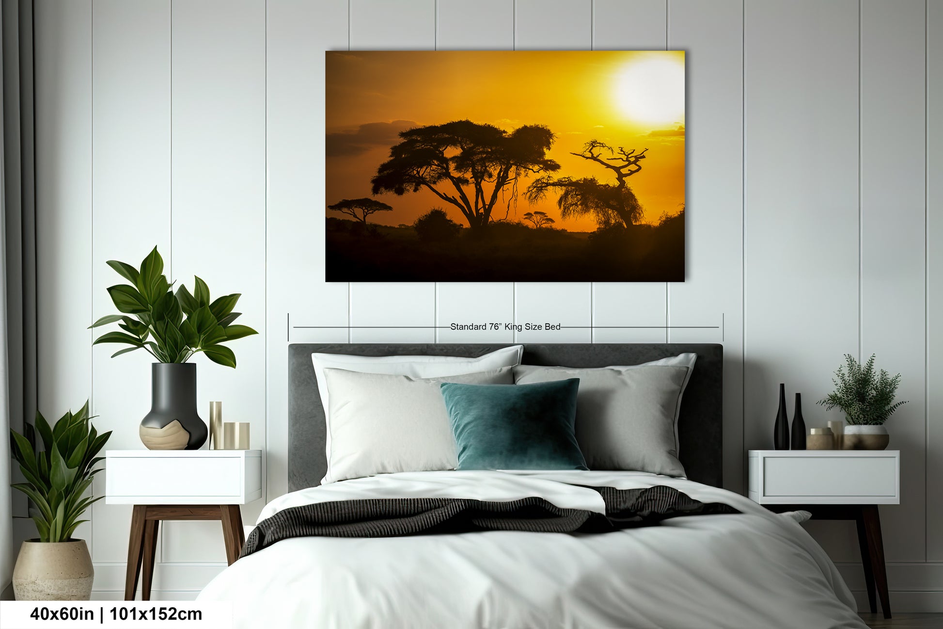 a bedroom with a bed and a painting on the wall