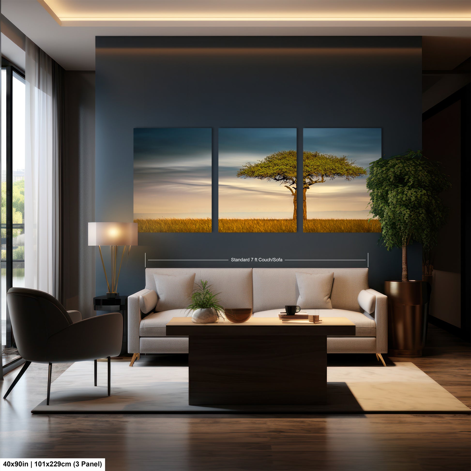 a living room with a couch and two paintings on the wall