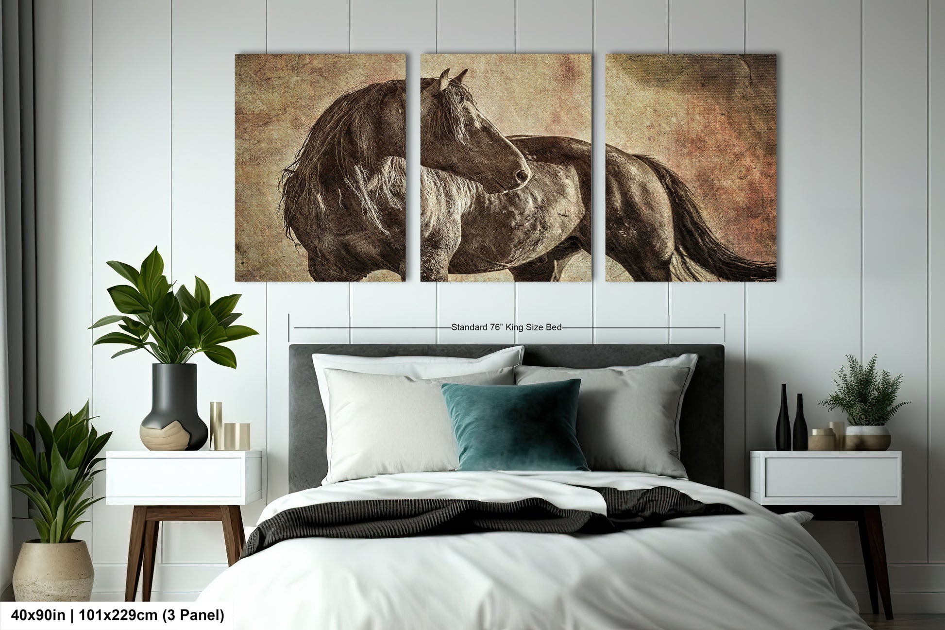 a bedroom with a bed and two paintings on the wall