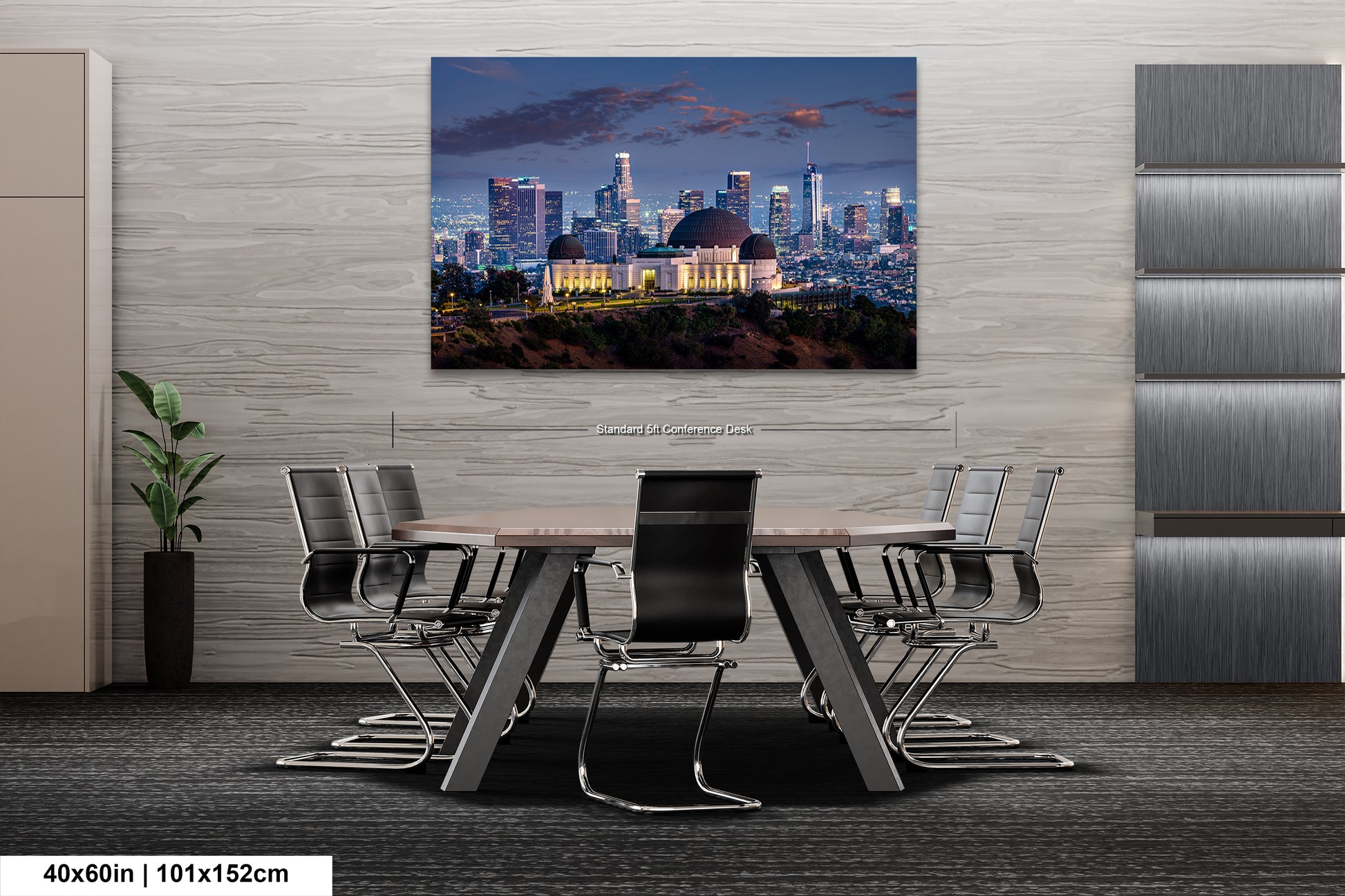 a dining room table with a cityscape in the background