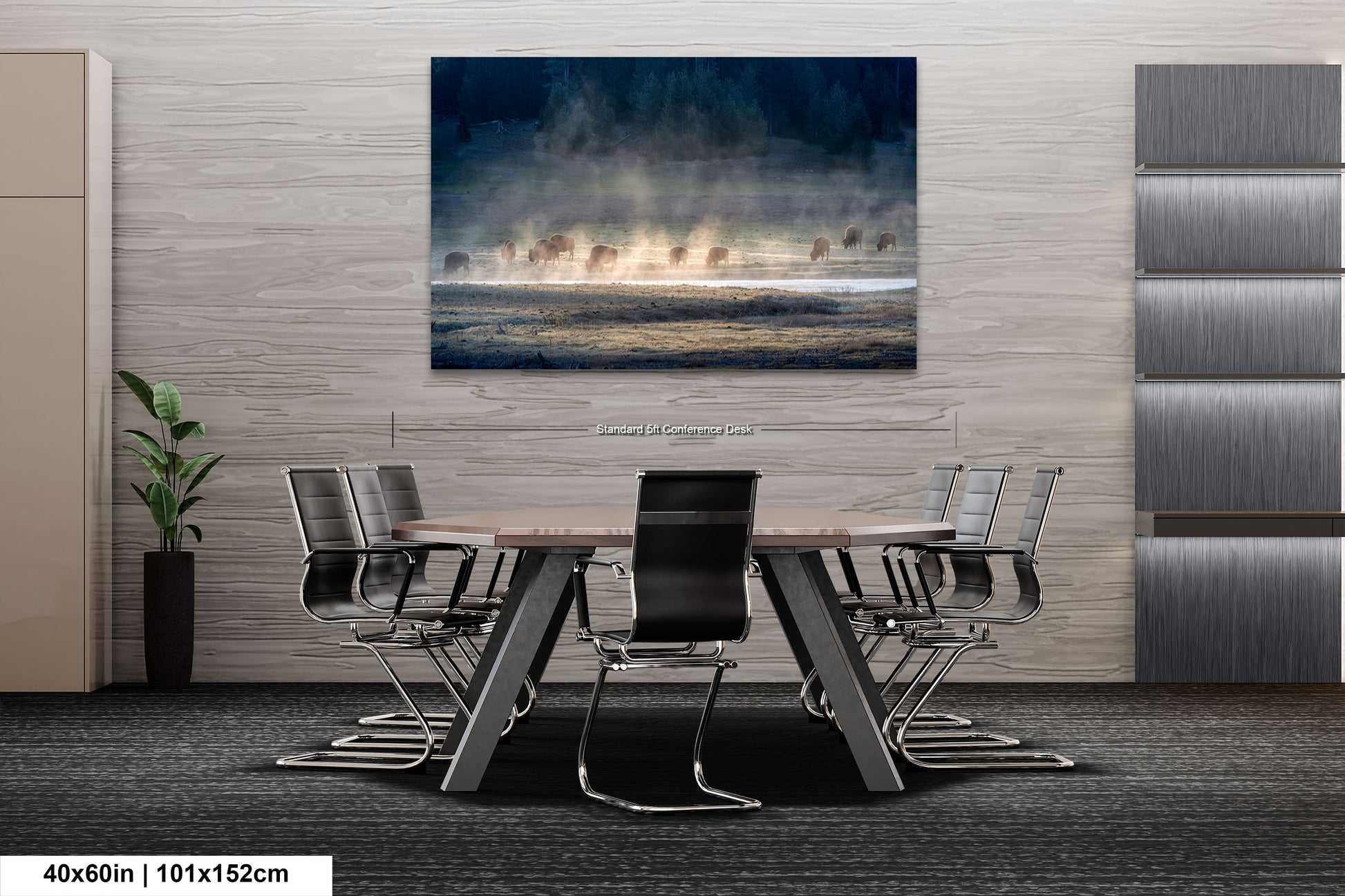 a dining room table with chairs and a painting on the wall
