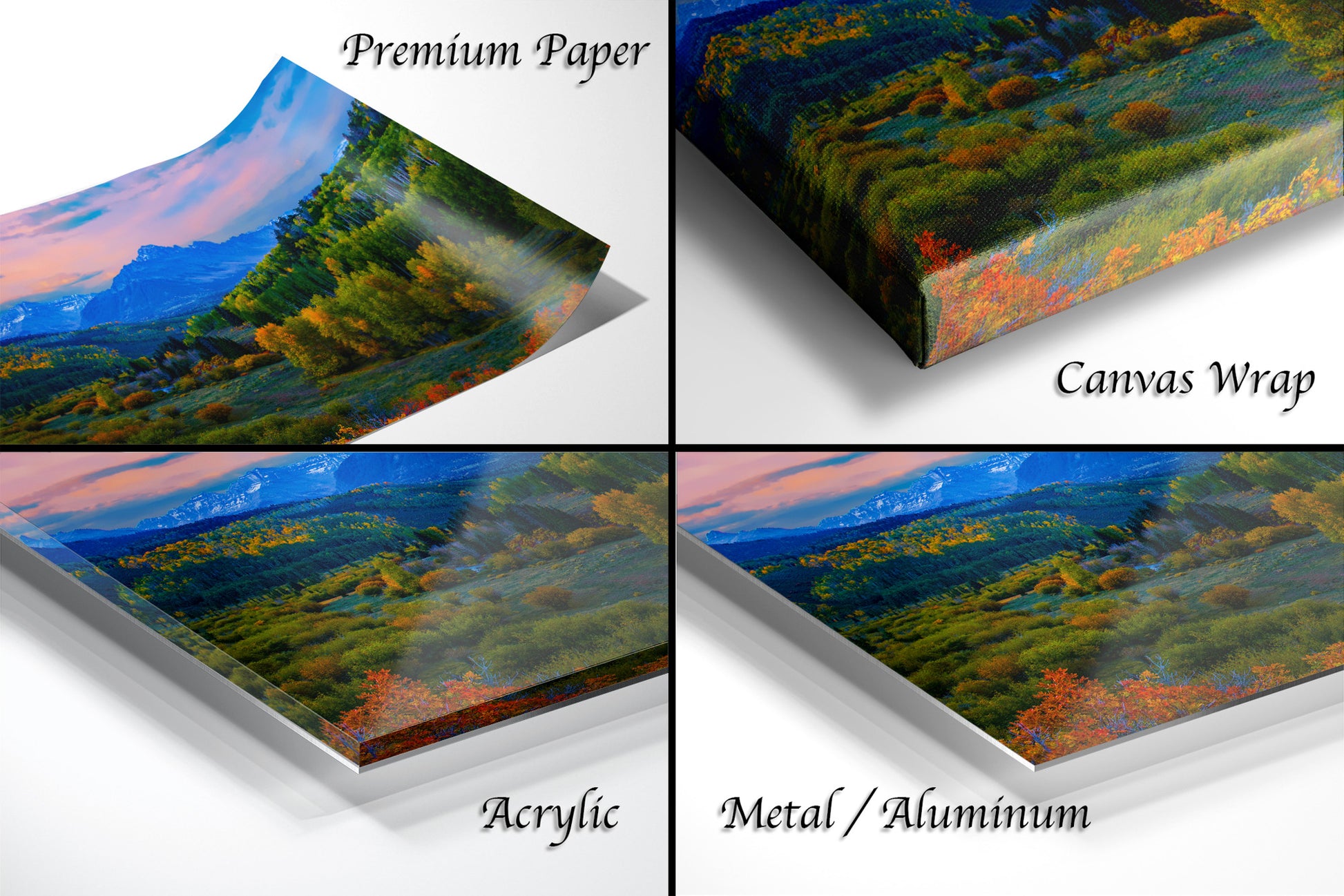 a series of four images of a scenic landscape