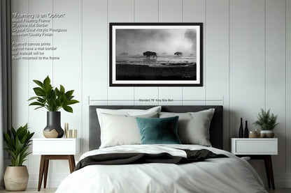 a black and white photo of a bed in a bedroom
