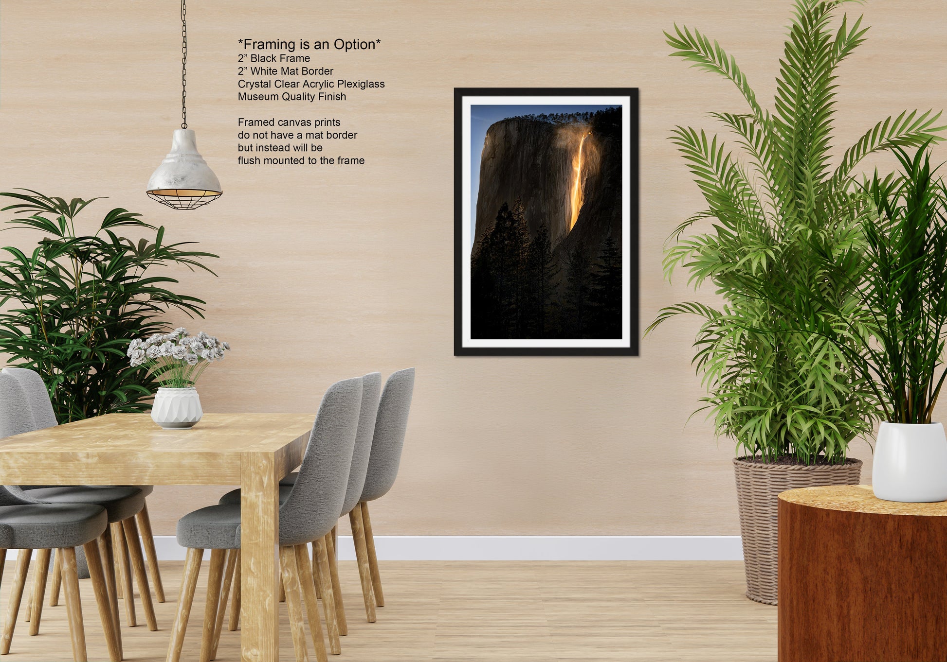 a room with a table and chairs and a picture hanging on the wall