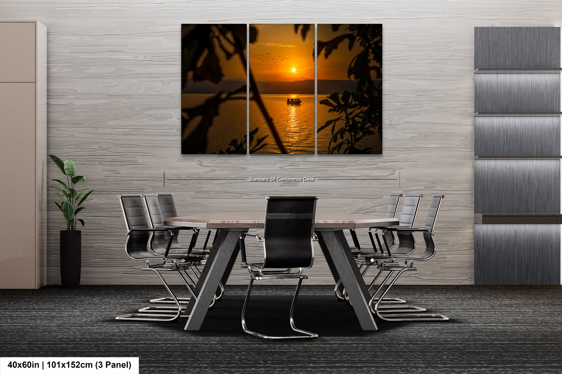 a dining room table with chairs and a wall hanging