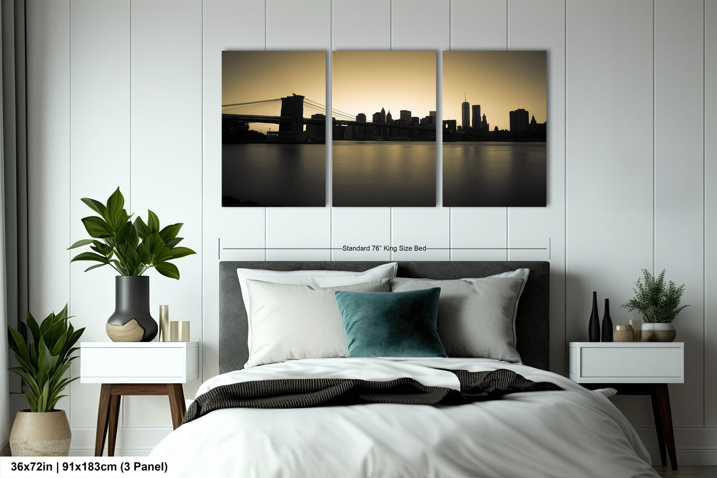 a bedroom with a bed and two paintings on the wall
