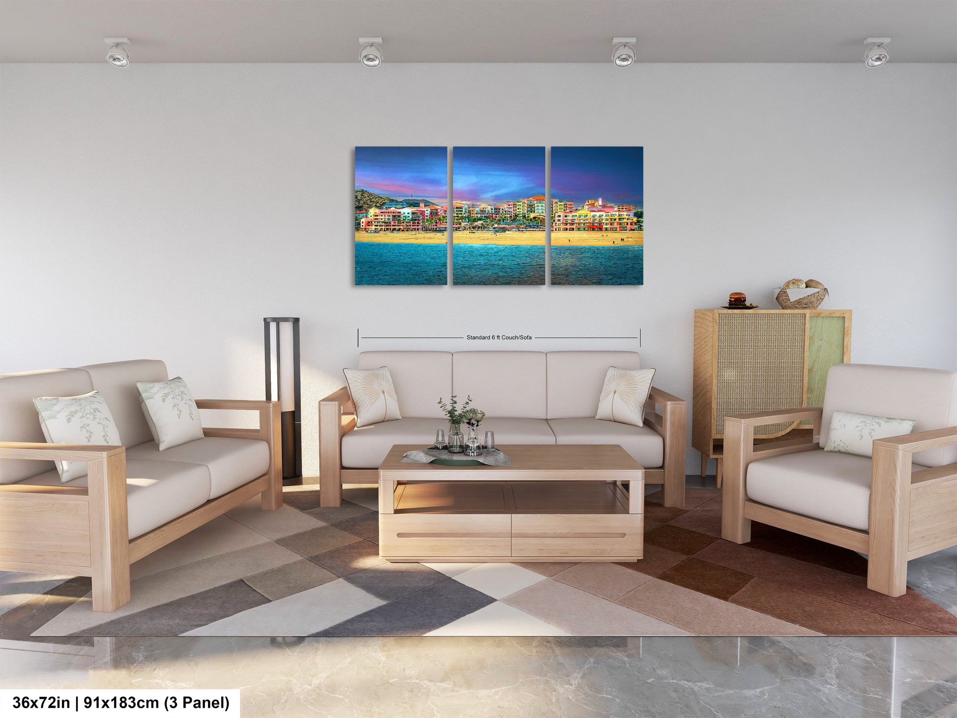 a living room filled with furniture and a painting on the wall