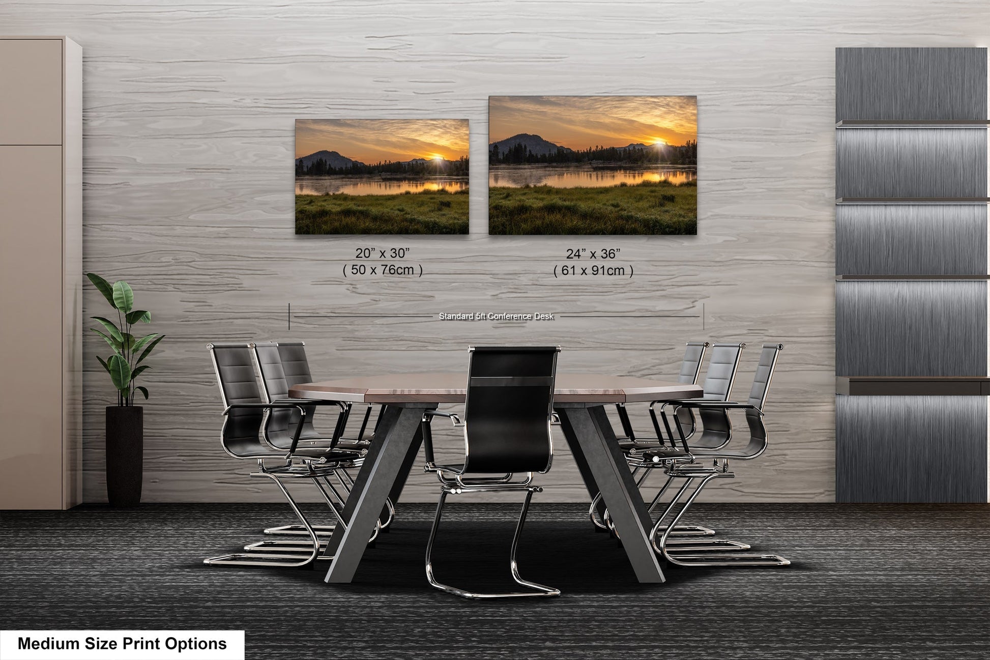a dining room table with chairs and two pictures on the wall