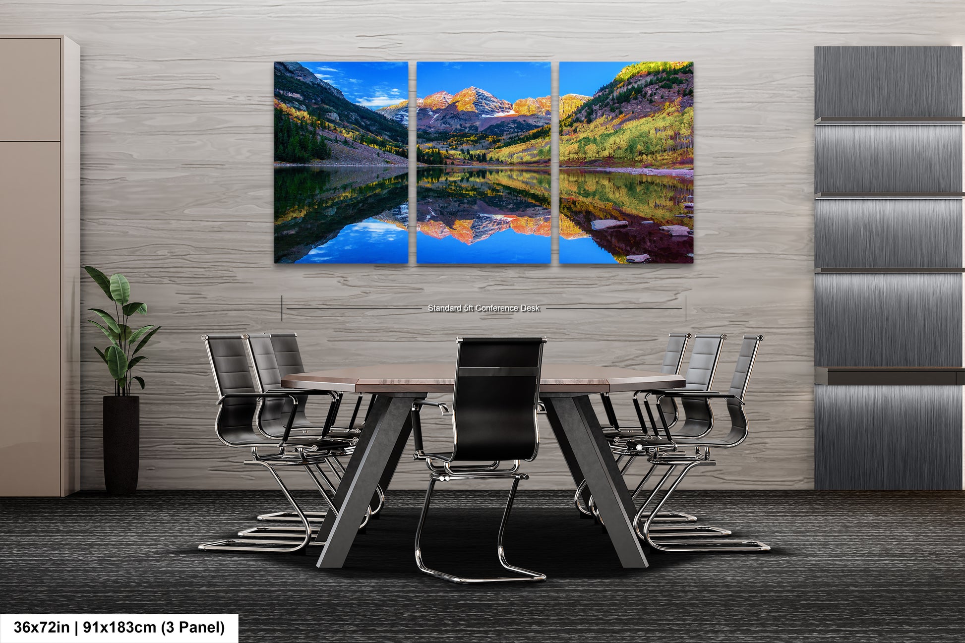 a dining room table with chairs and a painting on the wall