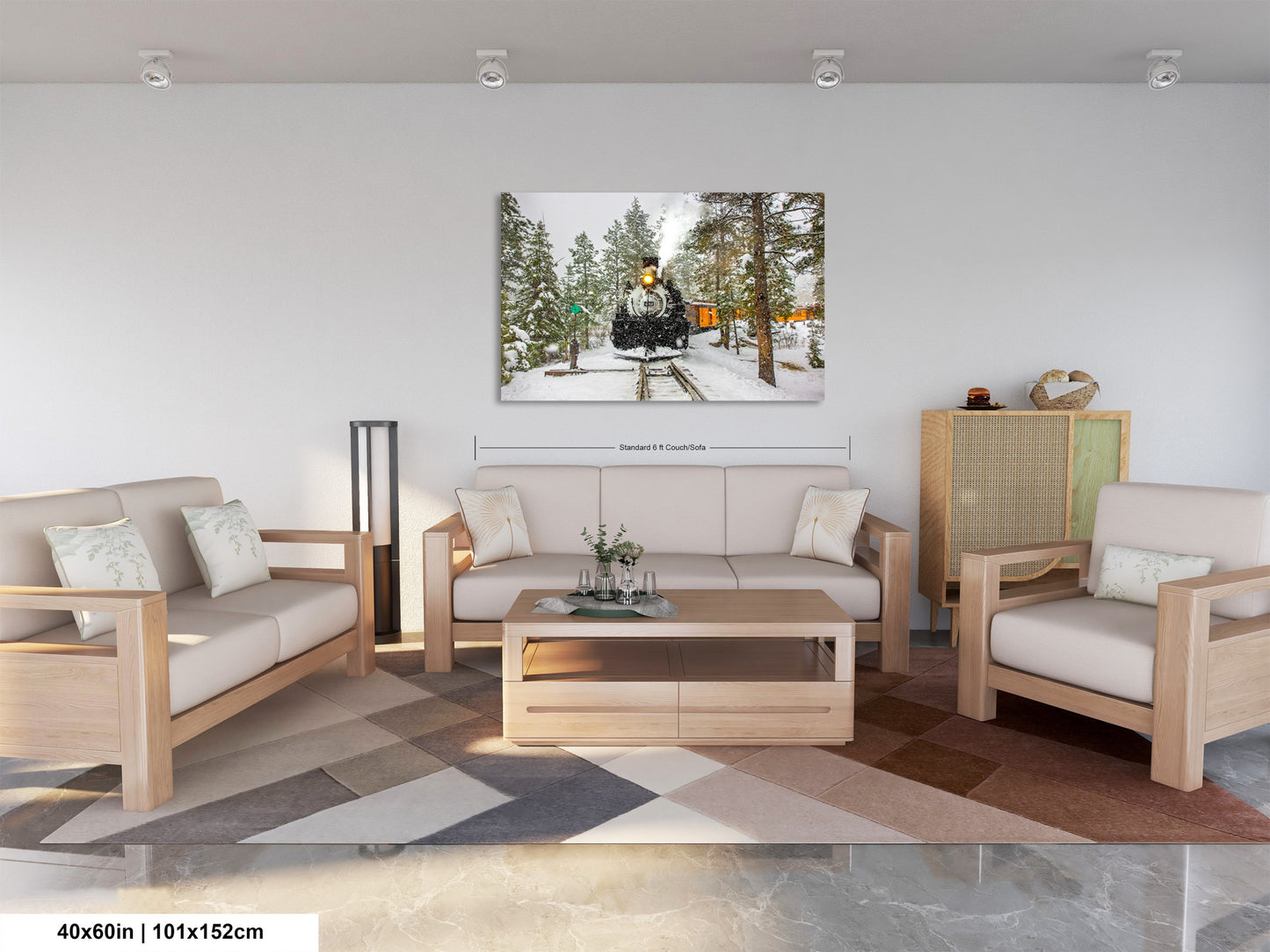 a living room filled with furniture and a painting on the wall