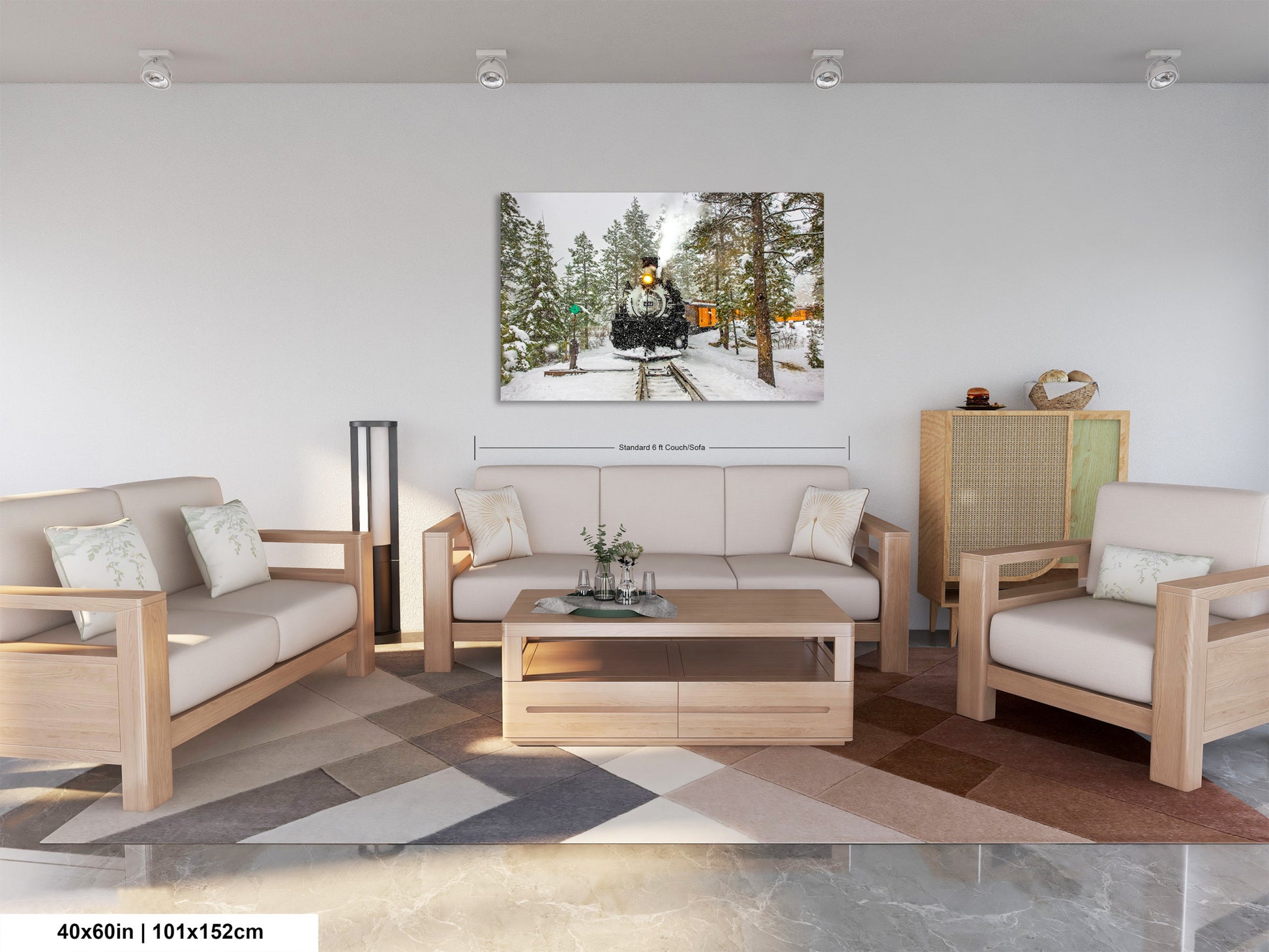 a living room filled with furniture and a painting on the wall