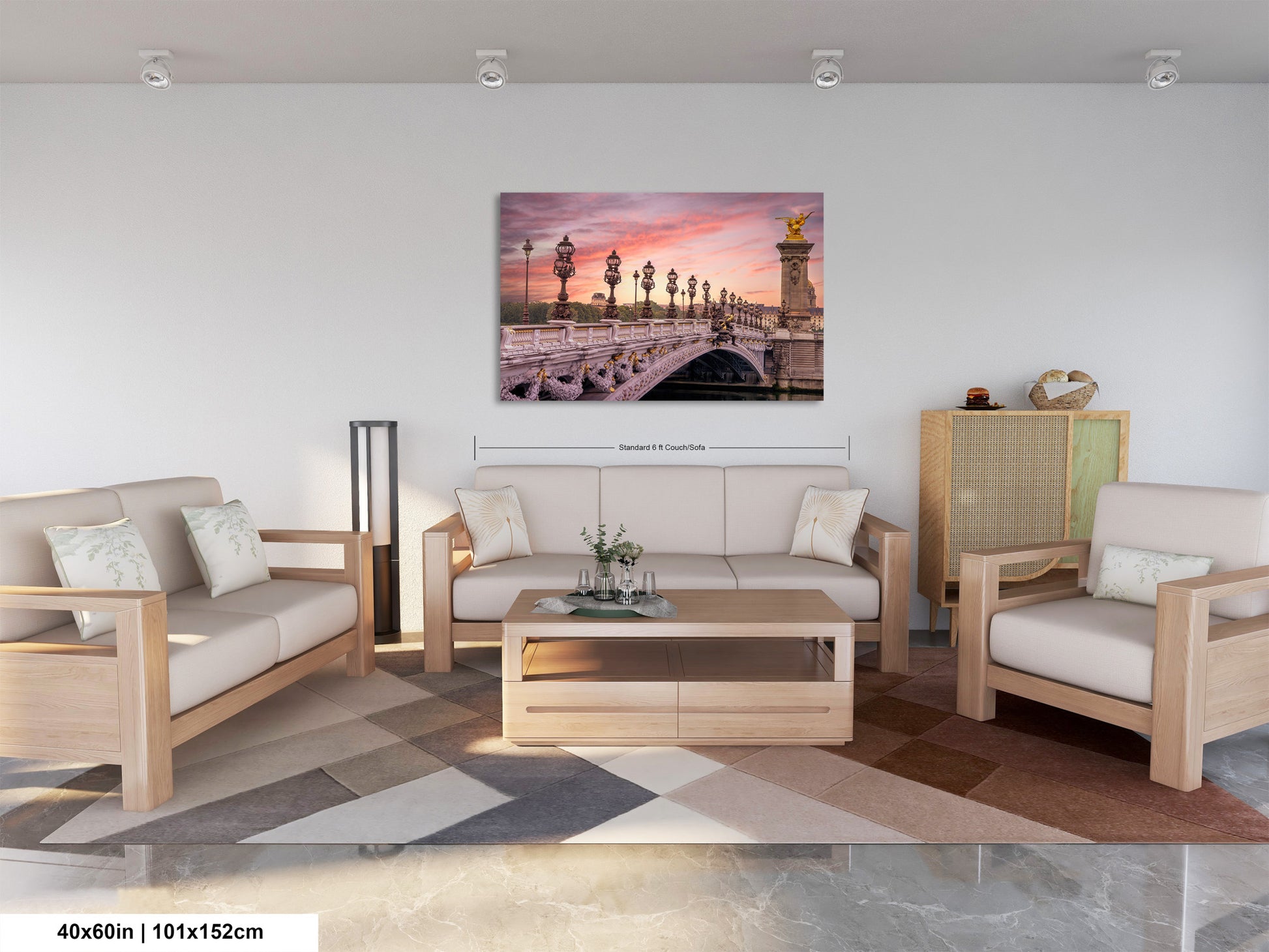 a living room filled with furniture and a painting on the wall