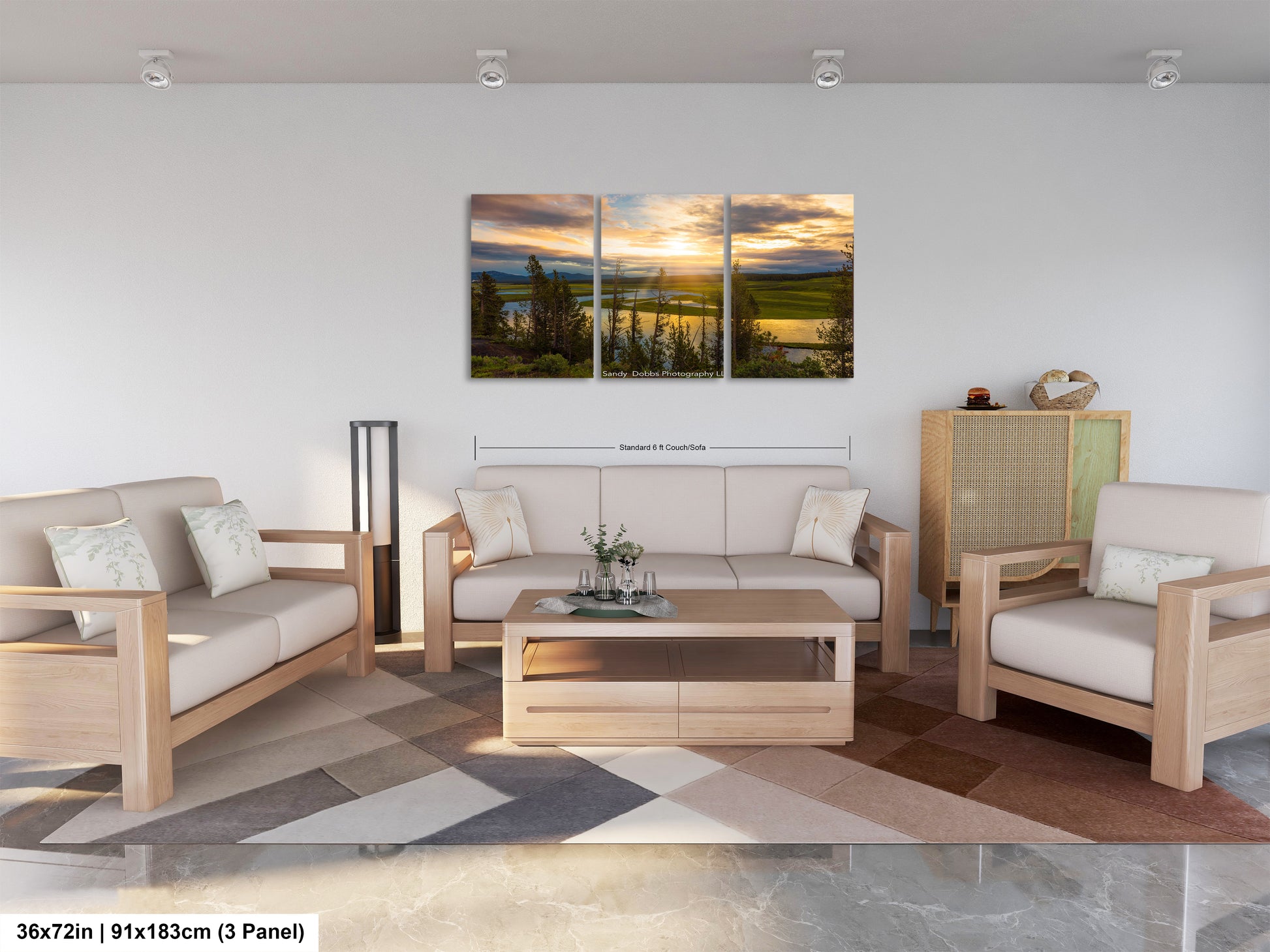 a living room filled with furniture and a painting on the wall