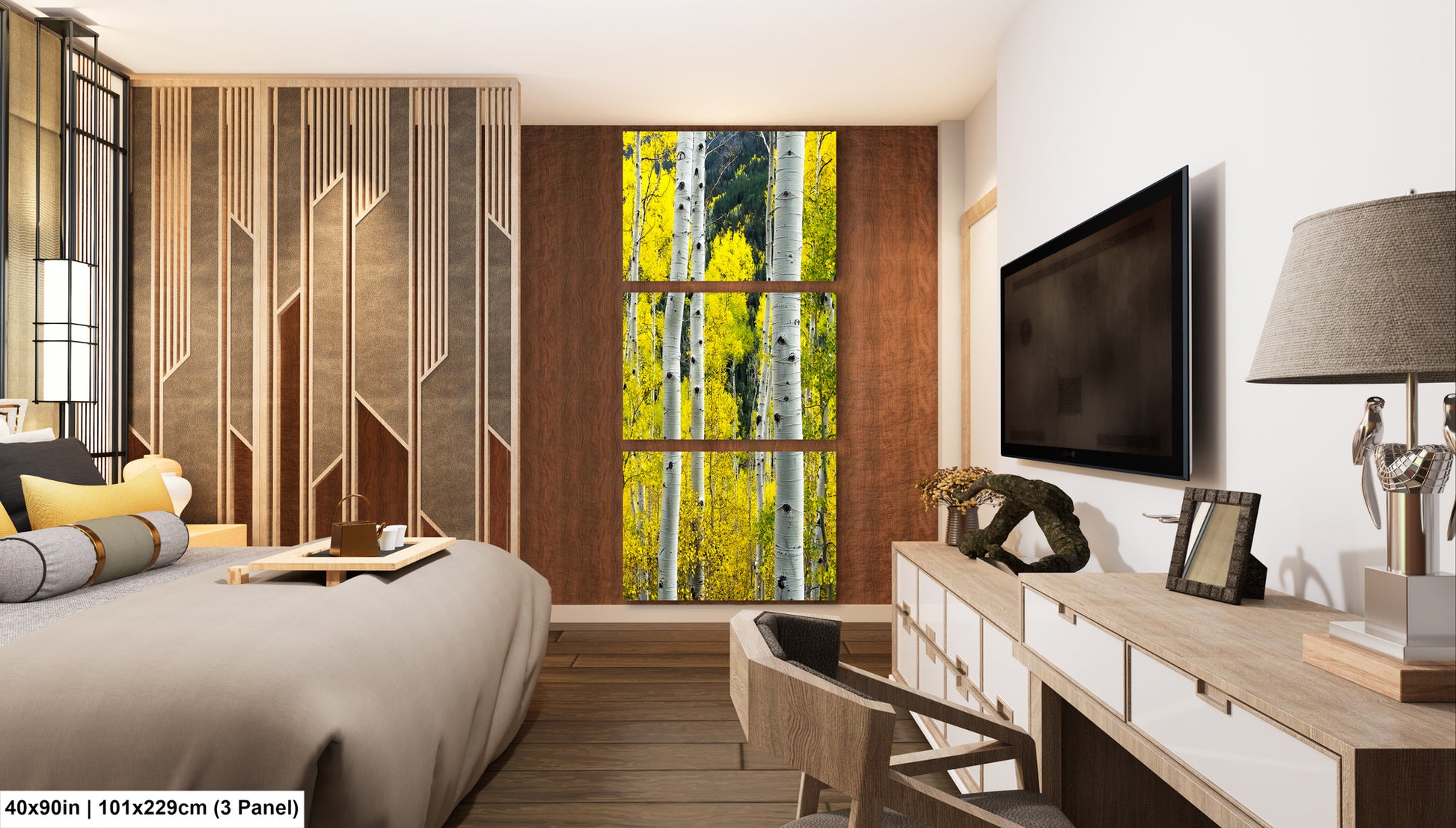 a bed room with a neatly made bed and a flat screen tv