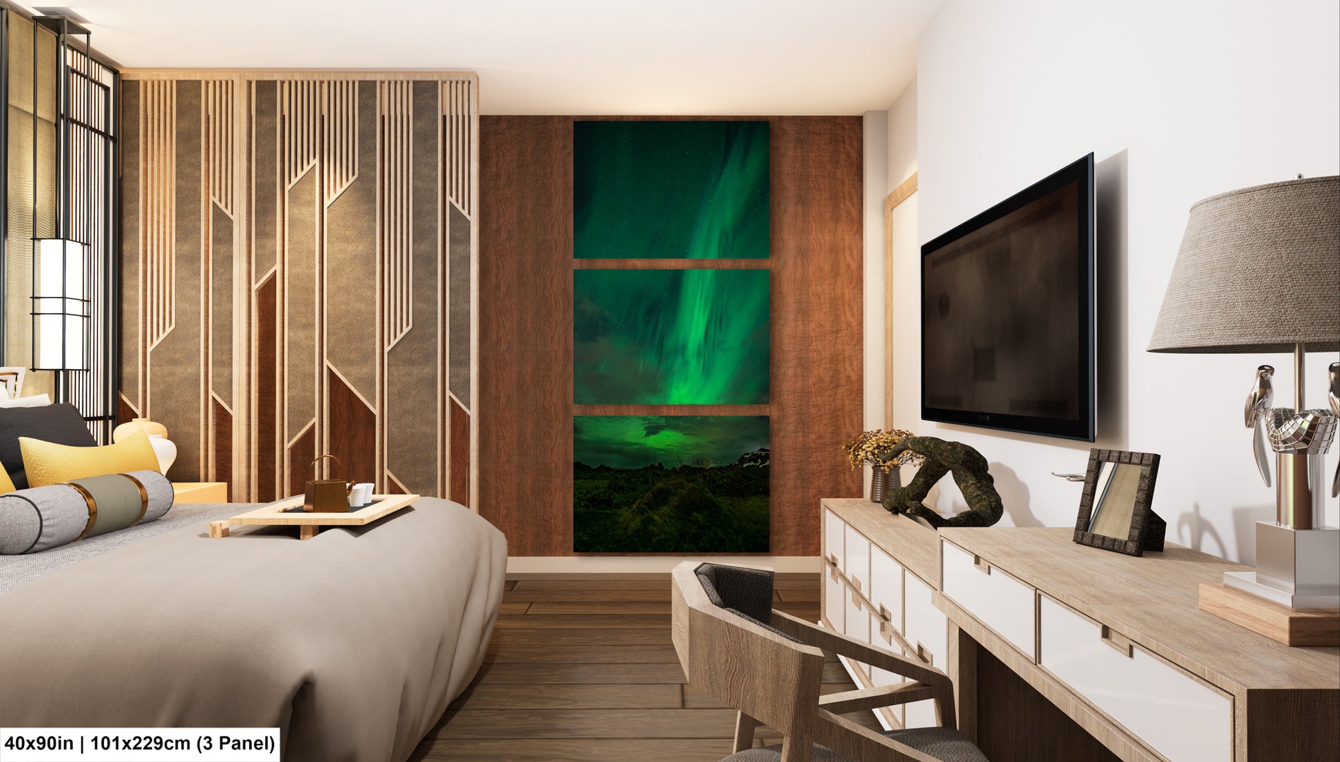 a modern bedroom with a large window that showcases a stunning view of the Aurora Borealis, or Northern Lights, illuminating the night sky. The room is furnished with a bed, a dresser, and a television, creating a cozy and stylish atmosphere.