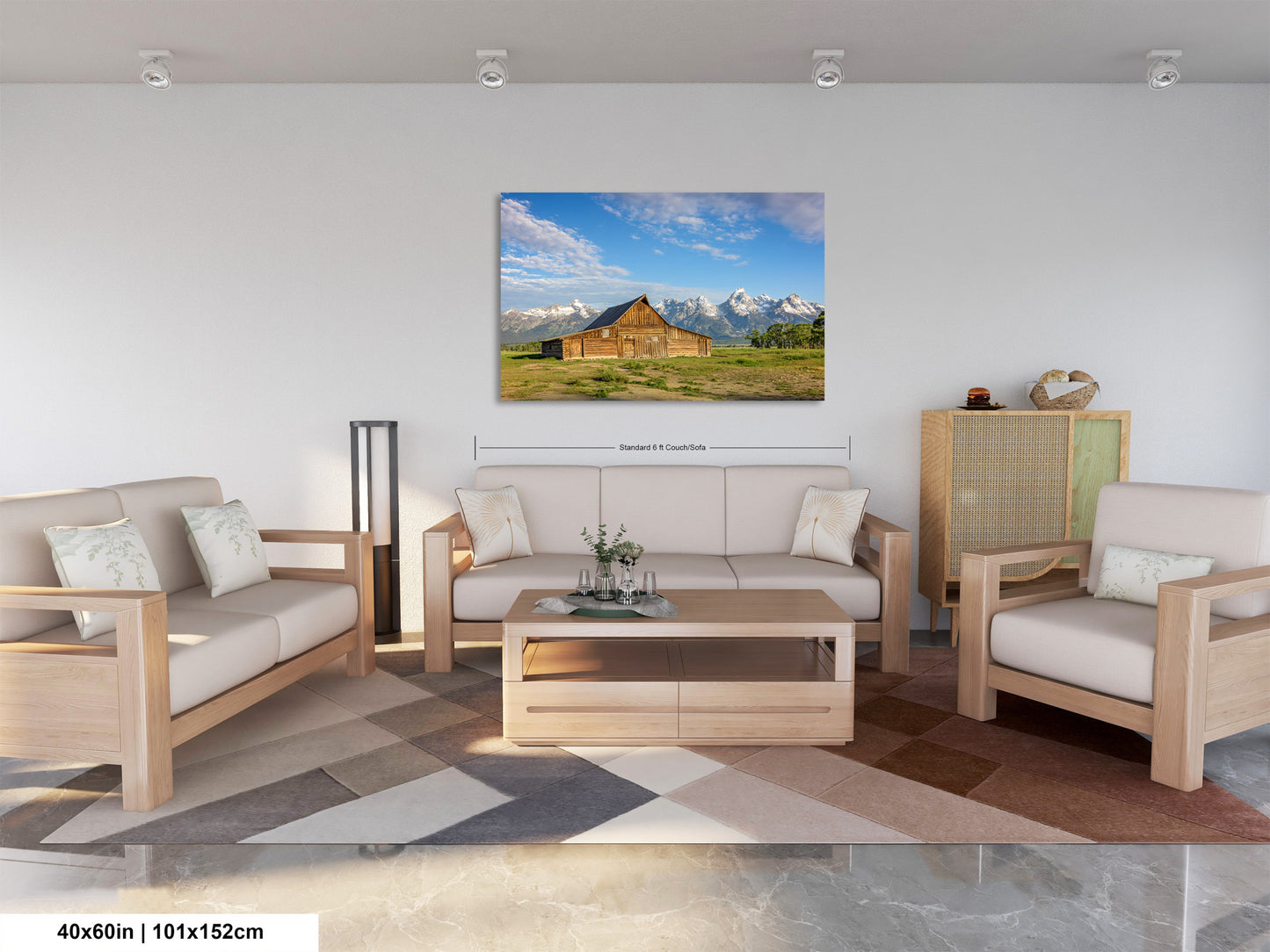 a living room filled with furniture and a painting on the wall