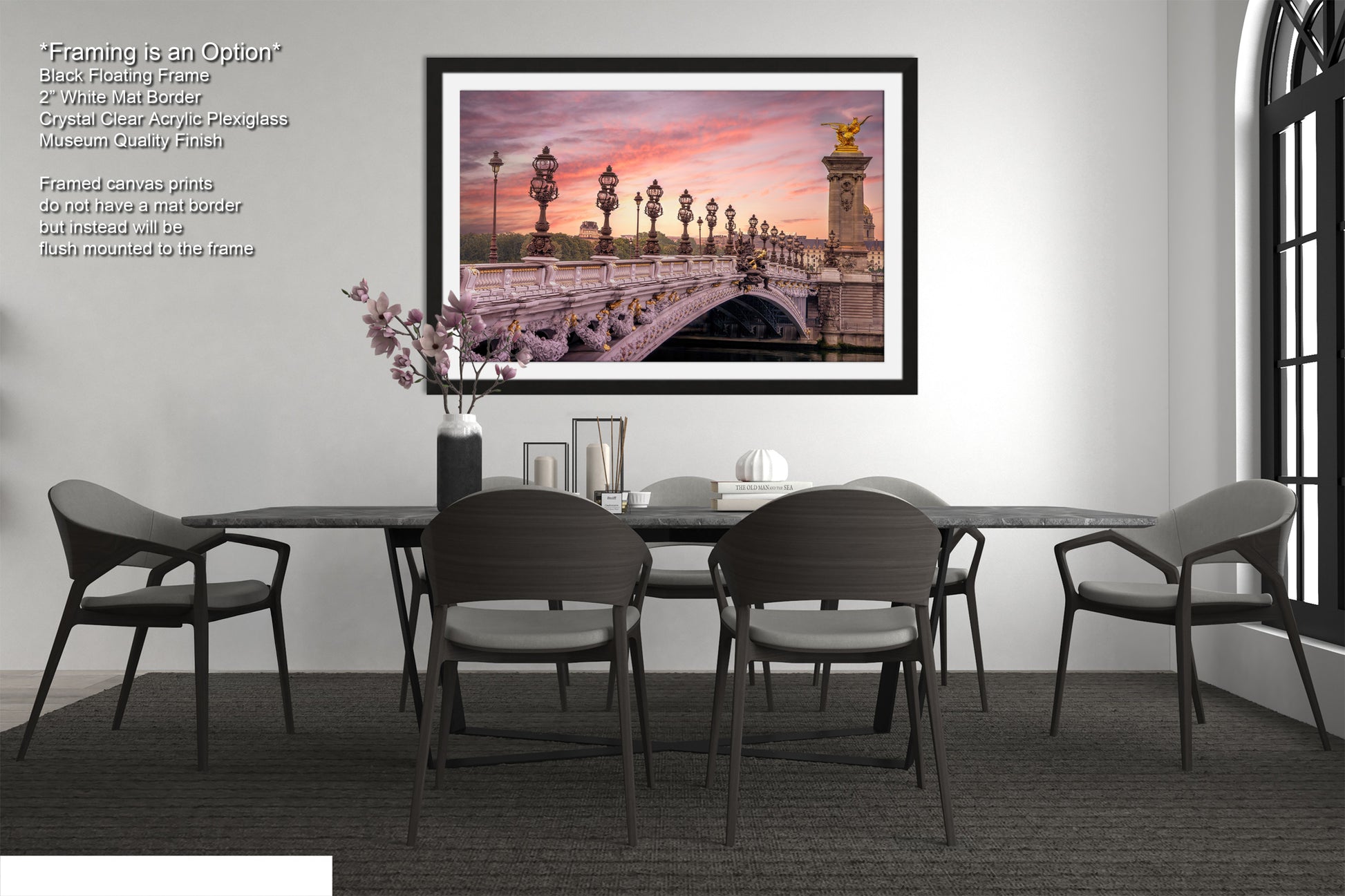 a picture of a dining room with a bridge in the background