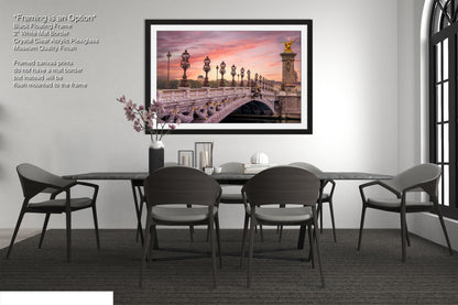 a picture of a dining room with a bridge in the background