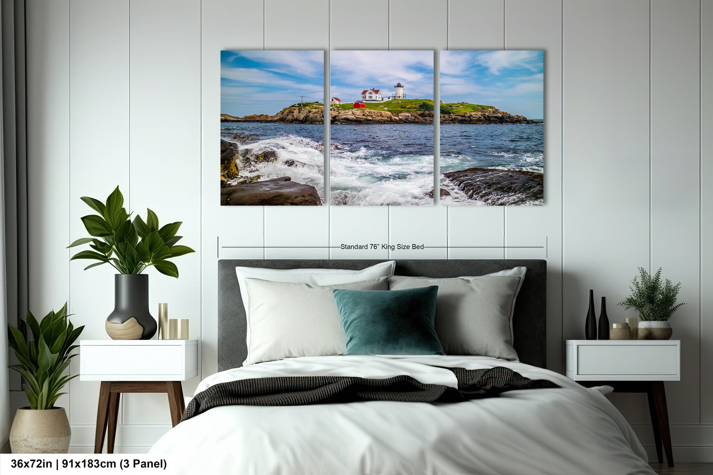 a bedroom scene with focus on the ocean and a lighthouse