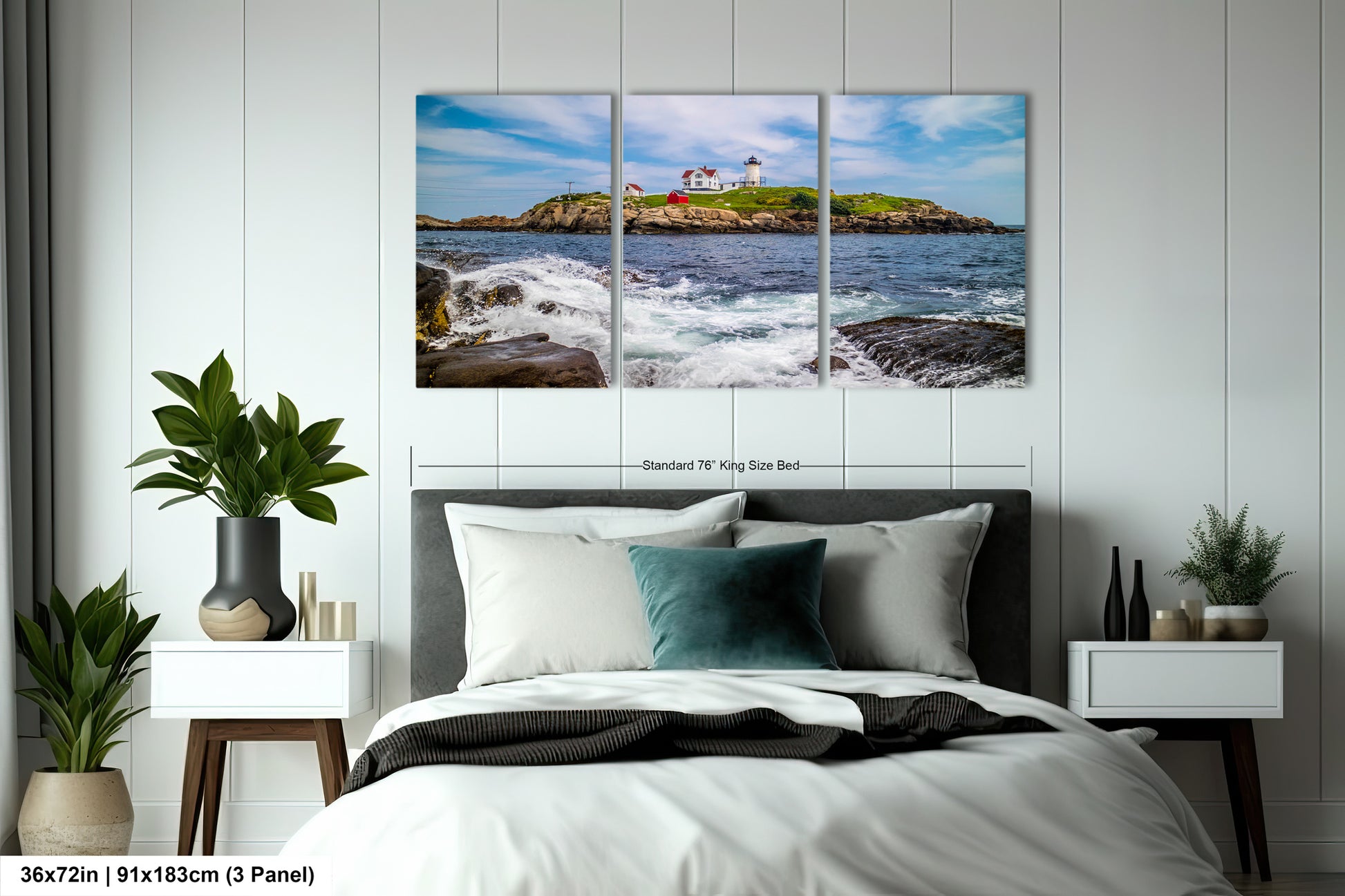 a bedroom scene with focus on the ocean and a lighthouse