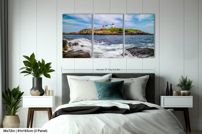 a bedroom scene with focus on the ocean and a lighthouse