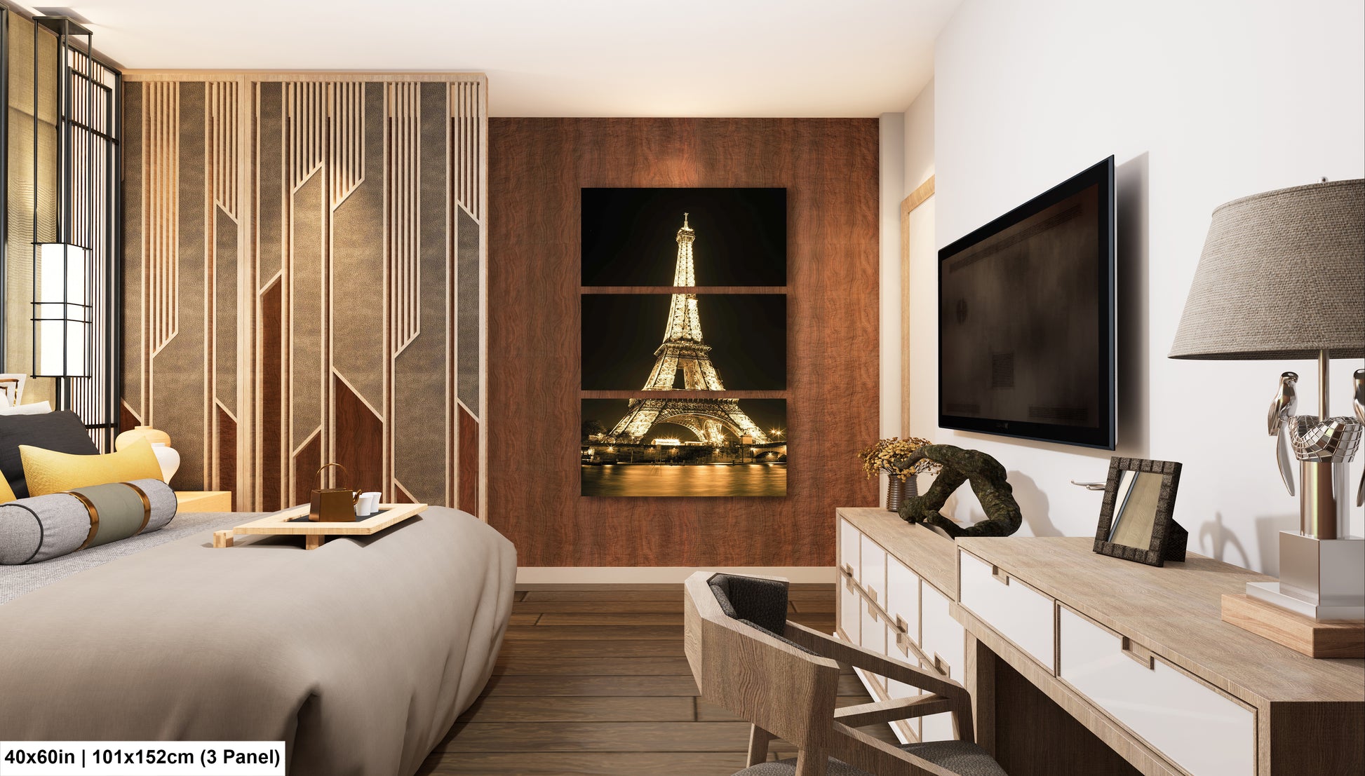 a hotel room with a bed, desk and television