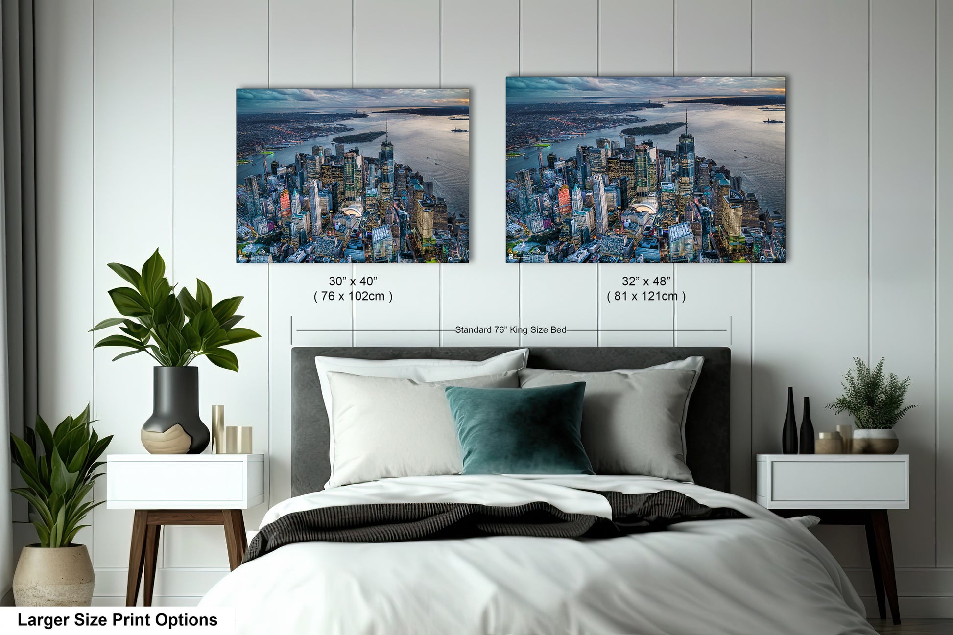 a bedroom with a bed and two pictures on the wall