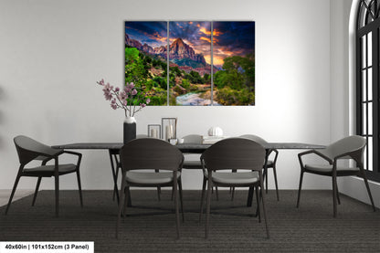a dining room table with chairs and a painting on the wall