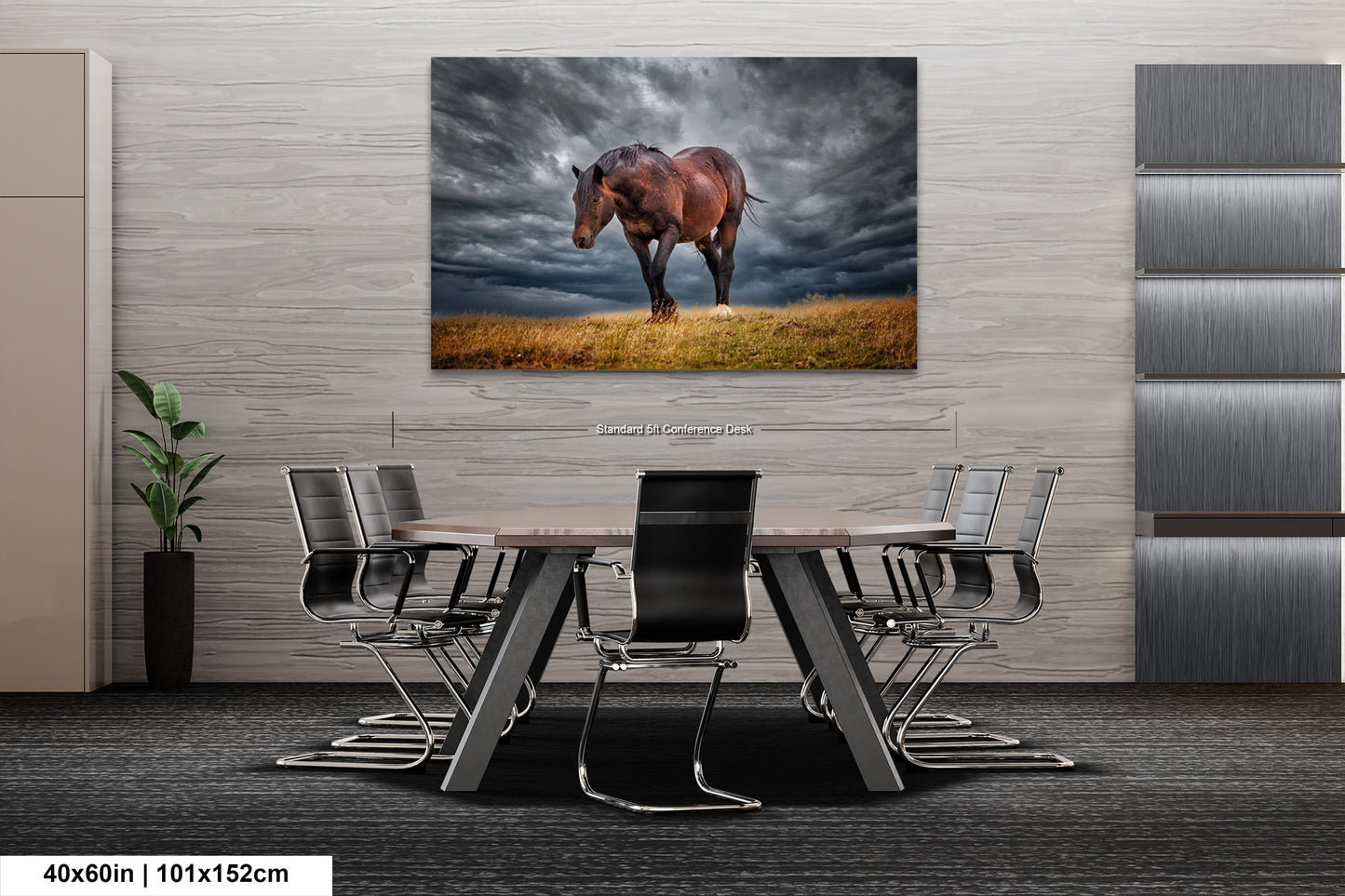 a horse standing in a field under a stormy sky