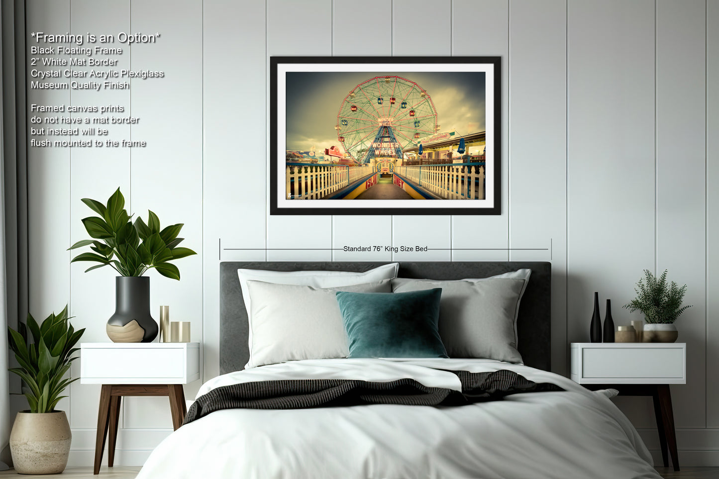 a bedroom with a large bed and a ferris wheel